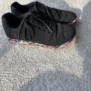 Black Knit Sneakers with Red & Gray Speckled Sole